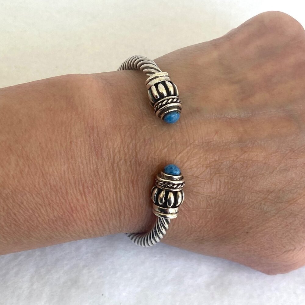 Sterling Silver 925 Mexico Chunky Blue Sodalite Twisted Rope Cuff Bracelet 6.25"
